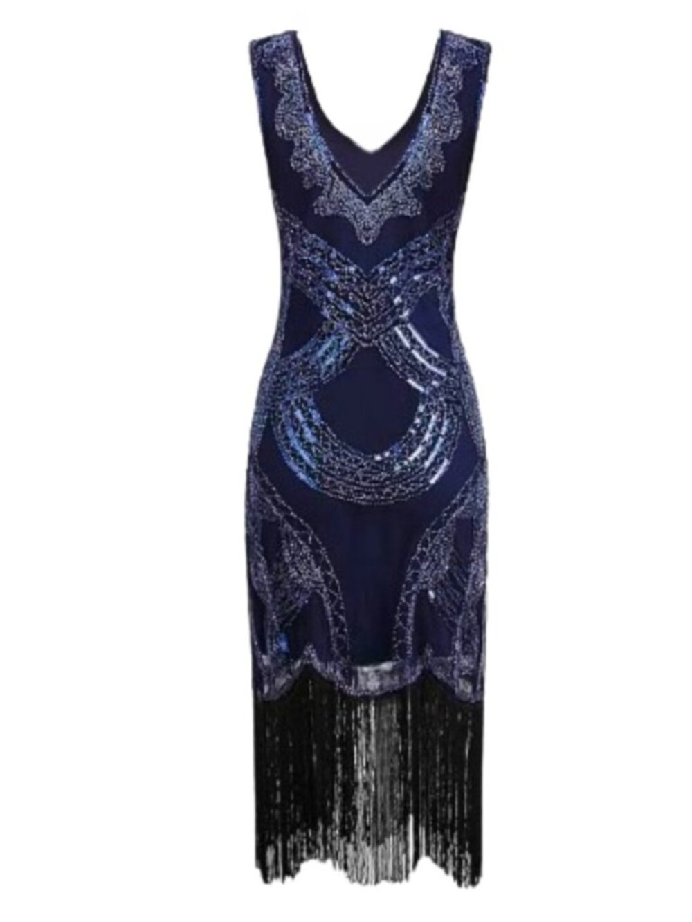 Art Deco 1920s Style Navy Blue Beaded Sequin Fringe Flapper Party Dress Sz S - Picture 5 of 5